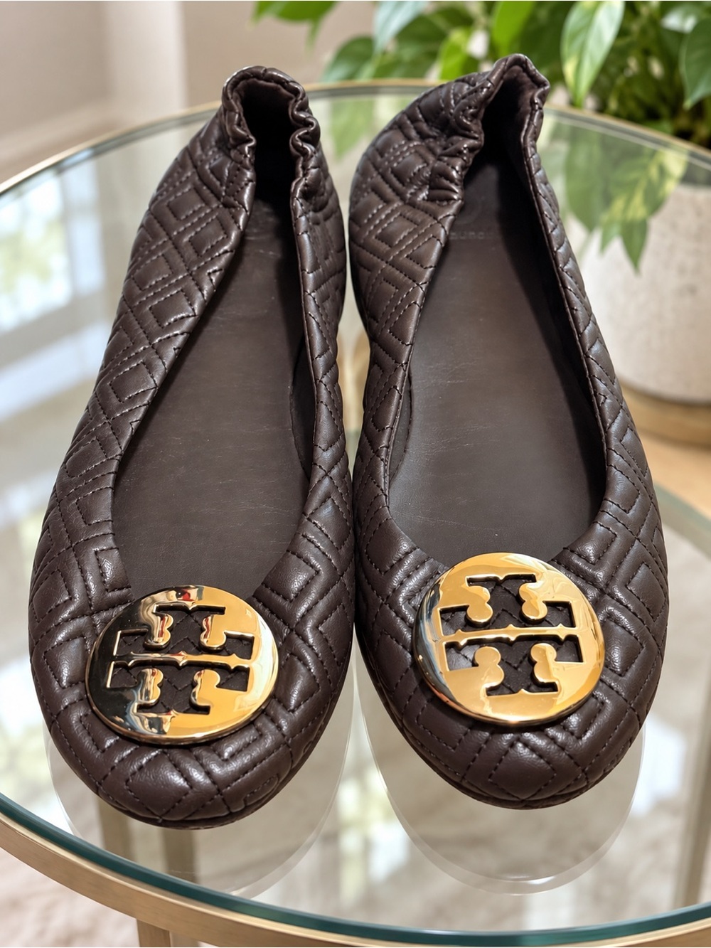 Tory Burch Quilted Chocolate Brown Ballet Flats with Gold Logo
